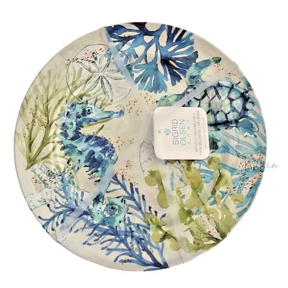Sigrid Olsen Turtle Seahorse Sea Melamine 11" Dinner Plates Beach Summer Set of4